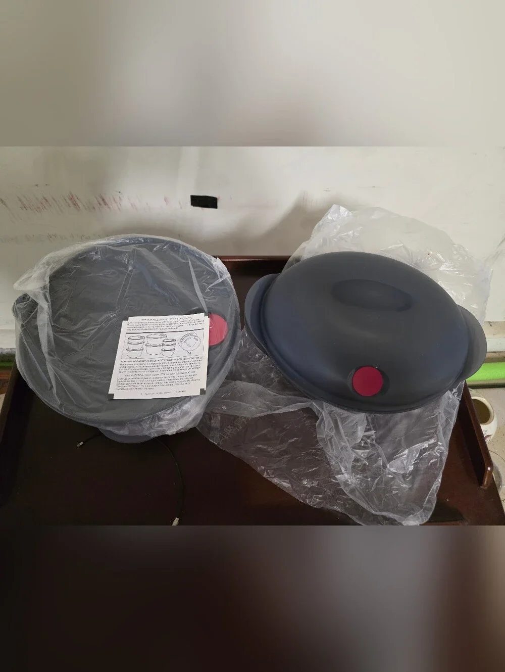 Tupperware Gray Pop-Button Microwave Cookware Set with Red Accents